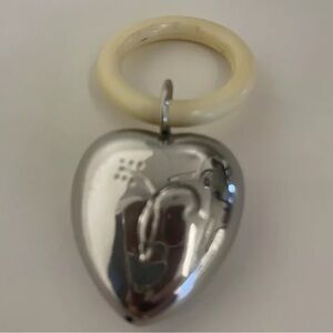 VINTAGE SILVER PLATE BABY RATTLE WITH PLASTIC TEETHING RING HEART SHAPED